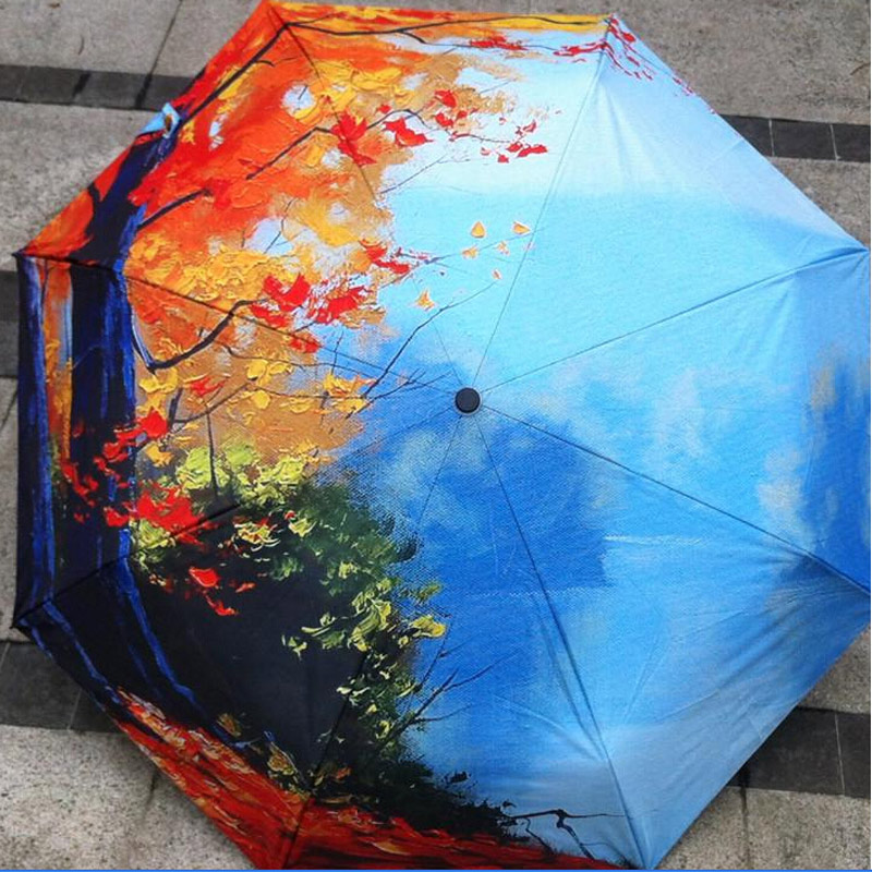 2016 New Oil Painting Arts Umbrella Creative Falling Leaves Autumn River Beach Umbrella Rain Women Anti UV Decorative Umbrella
