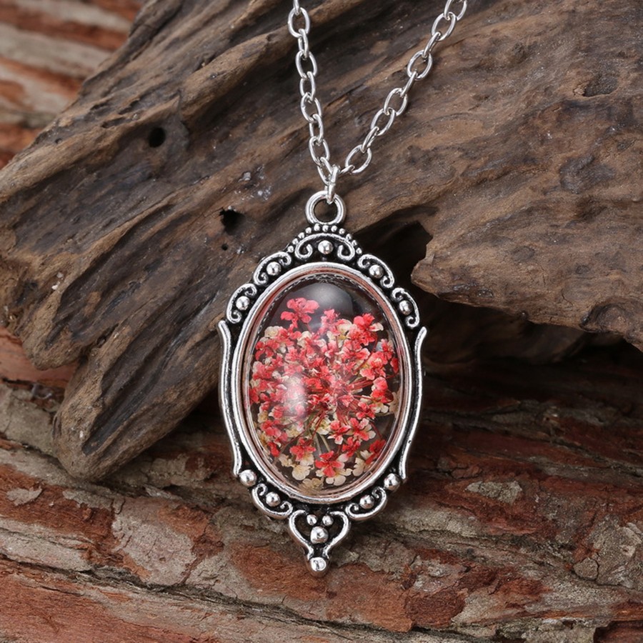 Women Glass Necklace Vintage Crystal Mirror Shape Natural Real Dried Red Flower Pendant Necklace Jewelry Trinket Travel Souvenir (8)