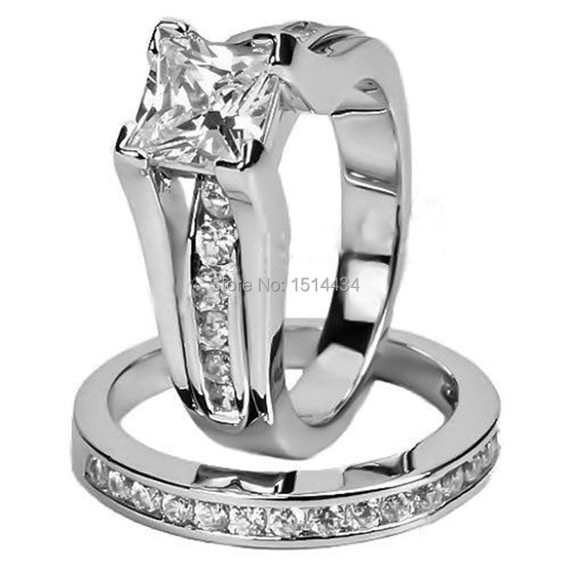 Women Size 5 6 7 8 9 10 11 Sterling Silver Princess Cut Engagement Double Ring
