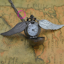 hot fashion retro antique black wing golden gold snitch ball quartz pocket watch fob necklace women