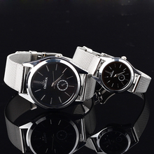 2015 venta caliente nueva moda para mujer para hombre amantes Dial negro delgado de malla de plata reloj del cuarzo del regalo envío gratis