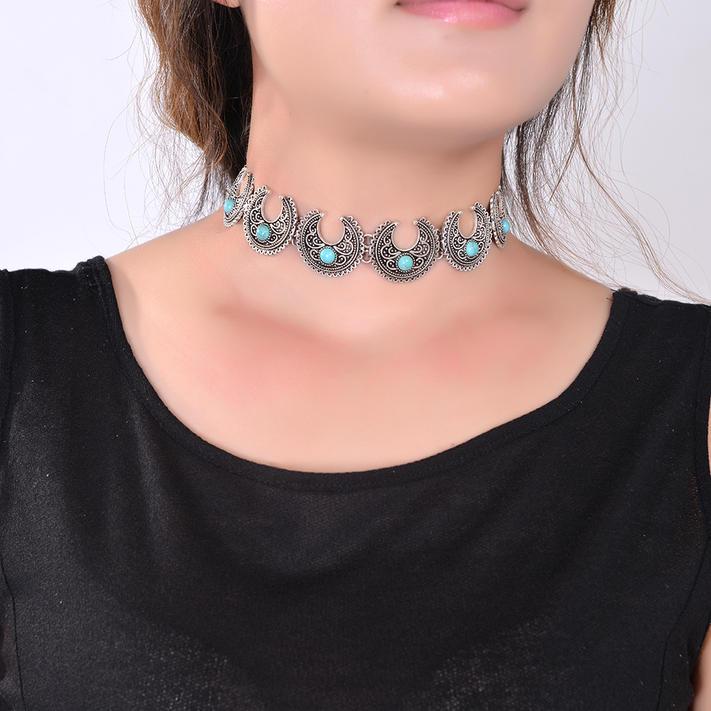 Hot Boho Collar Choker Silver Necklace statement jewelry for womenFashion Vintage Ethnic style Bohemia Turquoise Beads