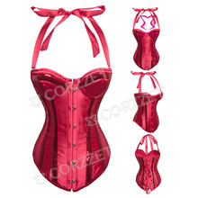 Free Shipping Sexy Corset Women Gothic Satin Red Sequined Halter Push Up Overbust Bustier Top Espartilhos E Corpete Corselet