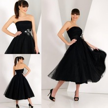 Top Quality 2015 A Line Strapless Sleeveless Handmade Flower Zipper Back Tea Length Wedding Guest Dress Black Bridesmaid Dresses
