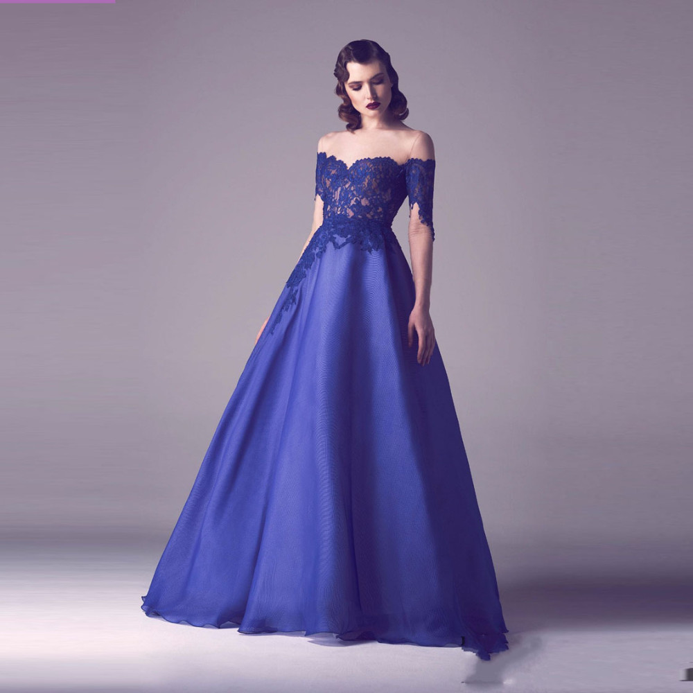 Elegante azul Real Vestidos de Noche 2016 Del Hombro Blusa de Encaje Sin Espalda Una Línea