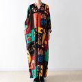 New Arrival Women Maxi Dresses plunge neck Long Sleeve Womens Vintage Vestido Longo Femme Print Formal