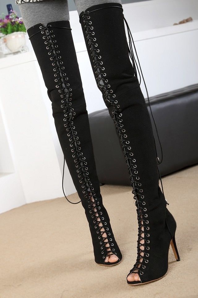 Over The Knee High Gladiator Sandals Boots Shoes Woman Botas Sexy Peep Toe Women Boots Lace Up Thigh High Boots High Heels