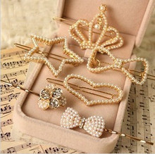 Special Offer Women Children New Pearl Diamond Bow Peach Crown Golden Clip Hairpin Liu Haijia