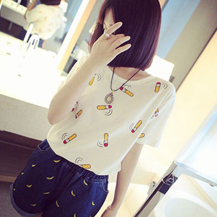 Brown-2015-New-Women-Summer-T-shirt-Cute-Girl-Harajuku-Cartoon-Banana-Duck-Cat-Cigarette-Owl-Print