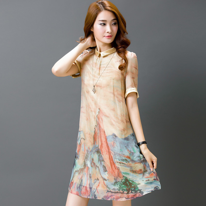 New Brand 2015 Silk Vintage Dress Summer Print Elegant Maxi Dress Casual Female Long Sleeve Vestidos Plus Size S-2XL