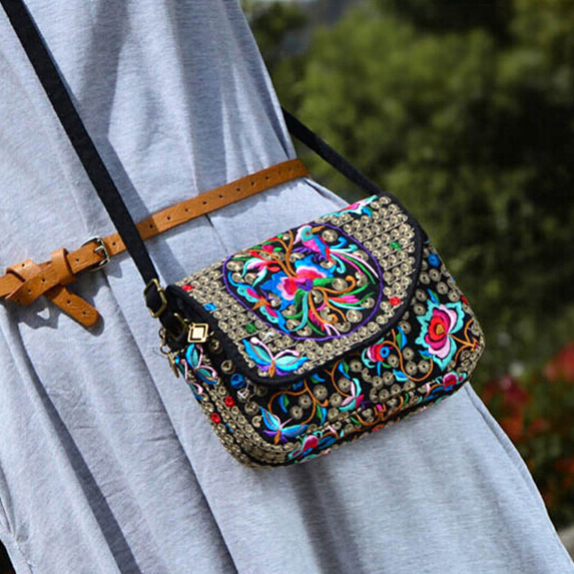 Girls&#39; cute floral embroidered canvas crossbody bag Chinese style small satchel for women casual ...