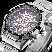 2015 nueva marca Winner Men de moda del reloj mecánico automático relojes reloj de acero completo esqueleto de acero reloj impermeable