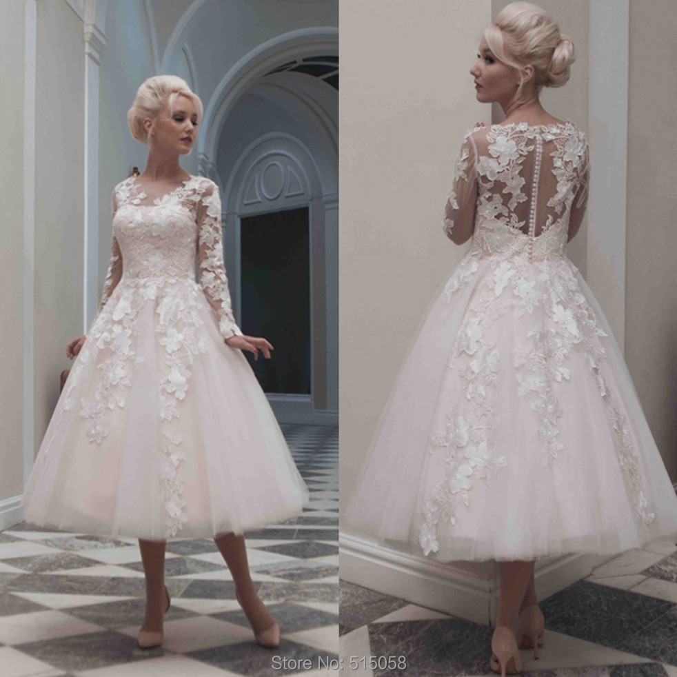 VintageChampagneLaceLongSleevesTeaLengthWedding