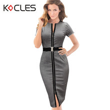 Spring Summer Womens Belted Check Front Zipper Slit Tunic Tartan O Neck Work Business Casual Party Pencil Bodycon Sheath Dress