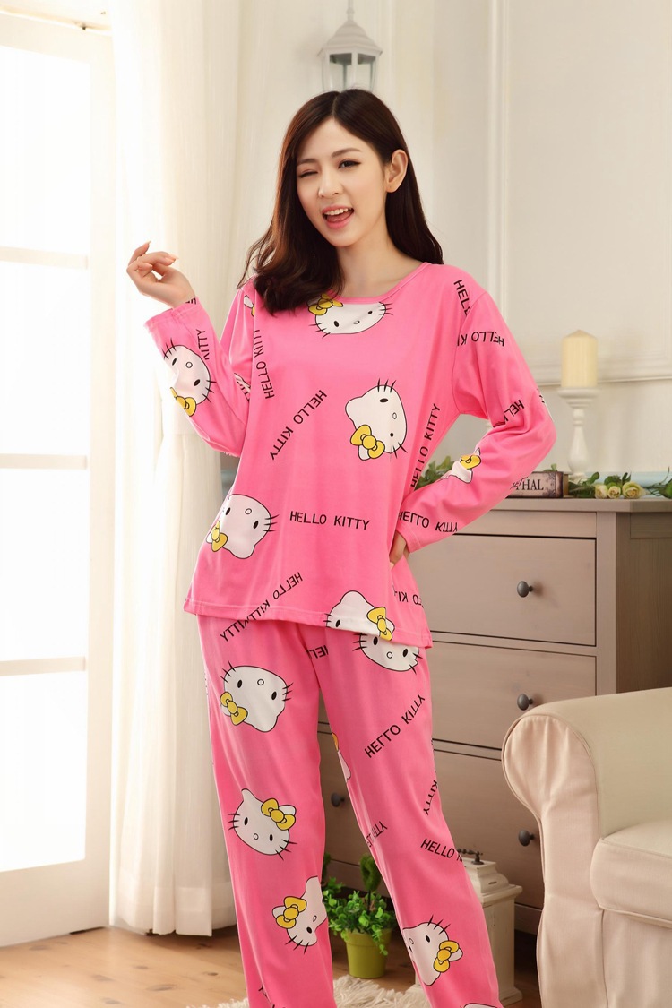 Женская хлопок характер кошки прекрасный сладкий пижамы комплект onesie длинным рукавом пижамы домашней одежды