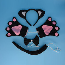 Animal Cat Ear Headband Bow Paw Gloves Halloween Party Costume Set Fun Decor