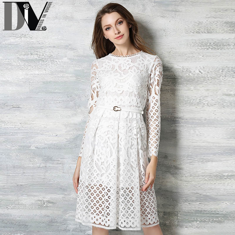 DIV Hollow Out Lace Dress With White Belt New Spring Solid Brief Straight Dress Women O-Neck Full Sleeve Knee-Length Vestido