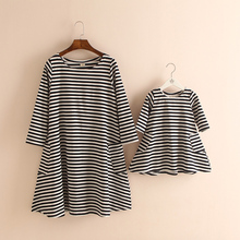 50%OFF Sale Black Striped Cotton Long Sleeve Pocket Knee-Length Matching Mother Daughter Dresses Clothes Family Clothing Look