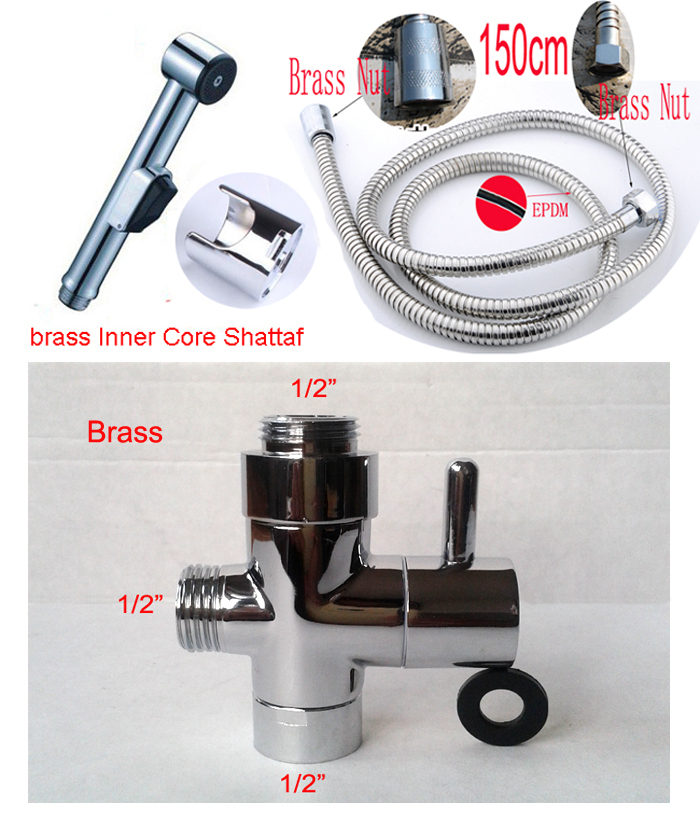 Chrome plated Toilet bidet shattaf set including ABS shattaf spray + 1.5m shower hose + brass diverter free shipping