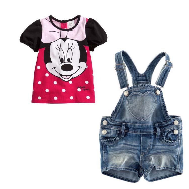 NEW Cute Baby girl set fashion Minnie polka dot short sleeve girls t shirt + jeans overalls kids set denim Bib heart girls sets