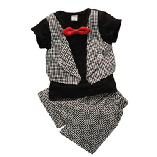Fashion fake two children lattice gentleman serving baby boys summer short sleeved suit pants 2pc sets