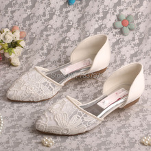 Wedopus Women Wedding Shoes Ivory Pointed Toe Slip-on Lace Wedding Bridal Flats Shoes