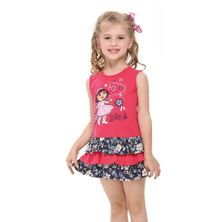 2015Nova brand kids wear stylish design with tiered ffloral hemline and charater print bow Dresses for 2-6y  baby girls