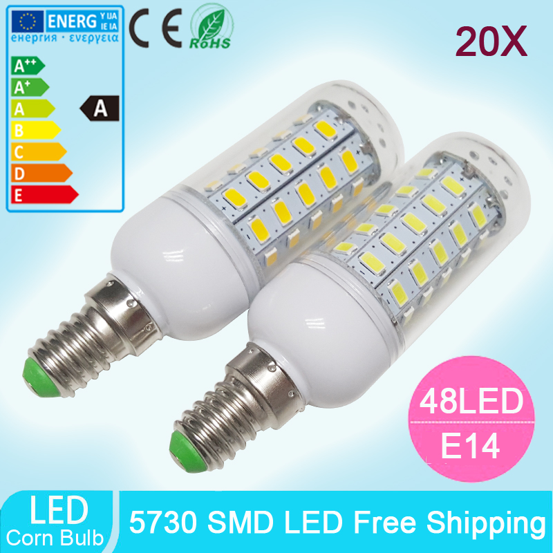 20pcs/lot LED Lamps E14 15W 5730 AC 220V 110V 48 Leds Lights Corn Bulb Warm white/white Chandelier Candle Lighting