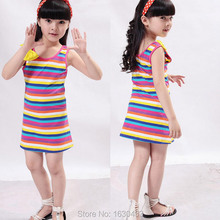 Meninas 3 Color Summer Striped Dress With Bow For Girls Colorful Stripe Clothing Size 110-170 For Kids And Teenage Free Shipping