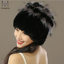 Sale 2016 winter beanies fur hat for women knitted 100% rex rabbit fur hat with fox fur flower top free size casual women’s hat