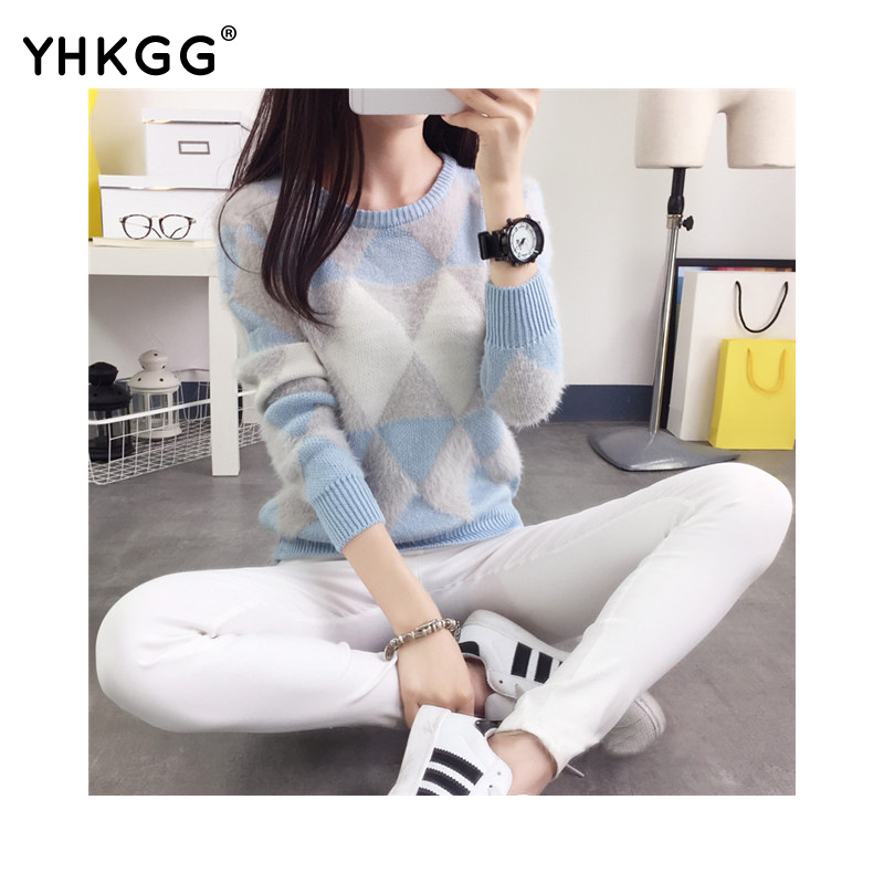 2016 new female pullovers yhkgg winter warm spring autumn fashion women sweater long sleeved grid casual