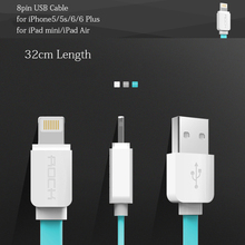 32cm Short Charging USB Cable for iPhone 5 5s 5c 6 Plus Flat Noodle Mobile Cables Original Rock with Package