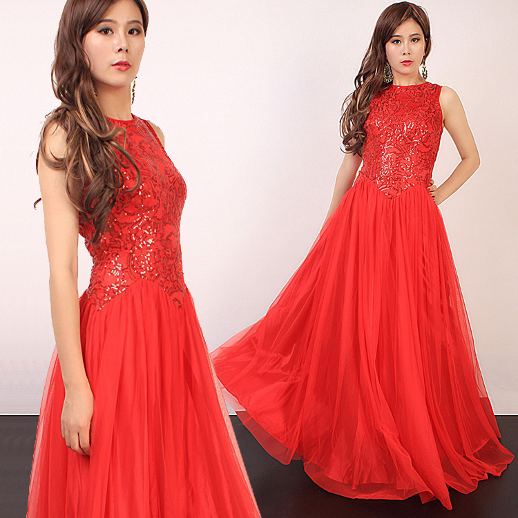 Luxury Dress 2015 Summer Fashion Women's High Quality Brand Back Sleeveless Red/Beige/Black Floor-Length Sequined Evening Dress