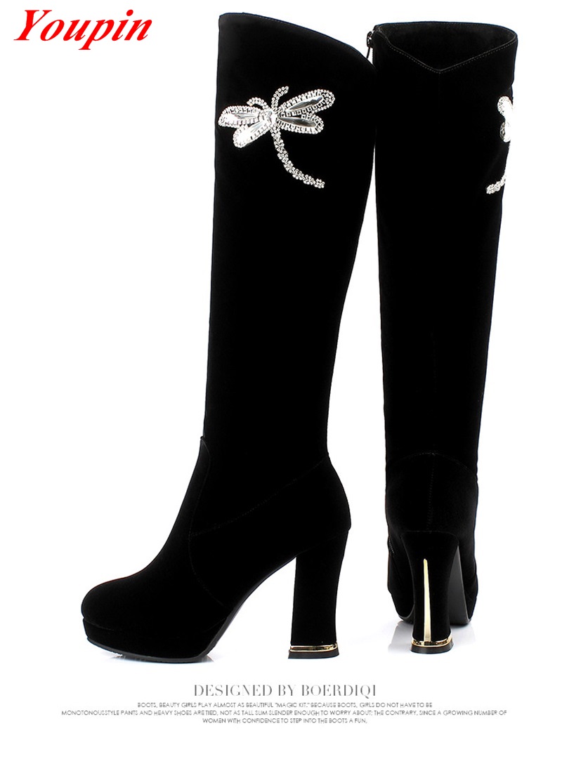 Woman Rhinestone Long Boots Winter Short Plush Nubuck Leather Thick With High Boots High-heeled Black Zip Rhinestone Long Boots