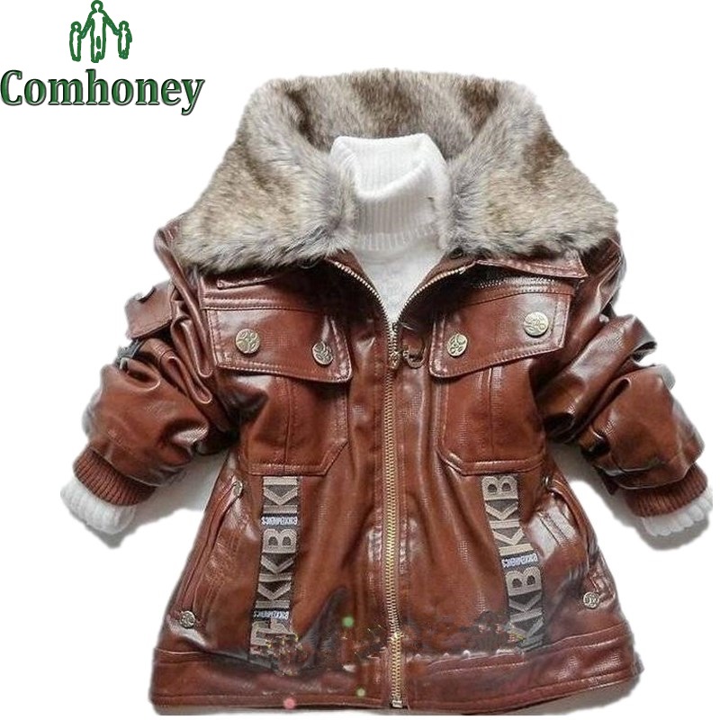 1 PC Retail+Hot selling baby boys leather jacket kids thick fleece fur collar winter coat children thickening clothing outerwear