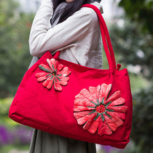 Womens Red Floral Embroidered Canvas Shoulder Bag