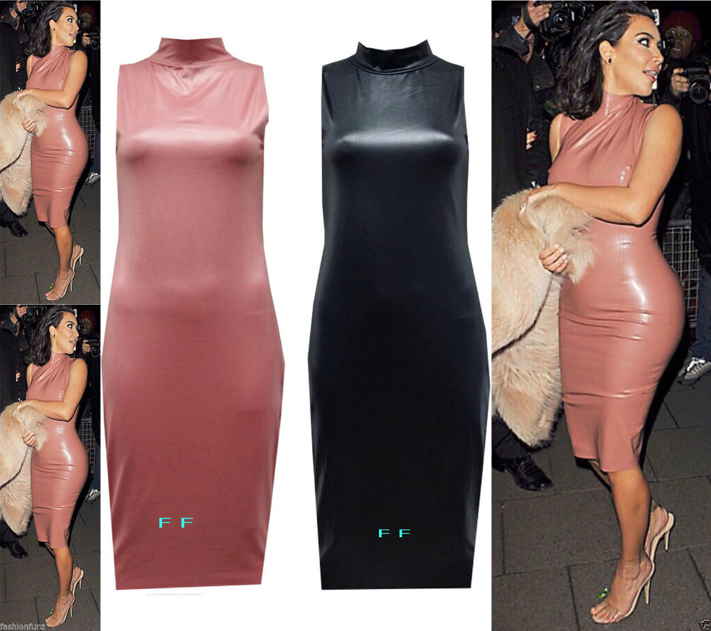 Kim Kardashian Pink Sheath Sleeveless Bodycon Dress Sexy Pu Leather Clubwear Celebrity Dress