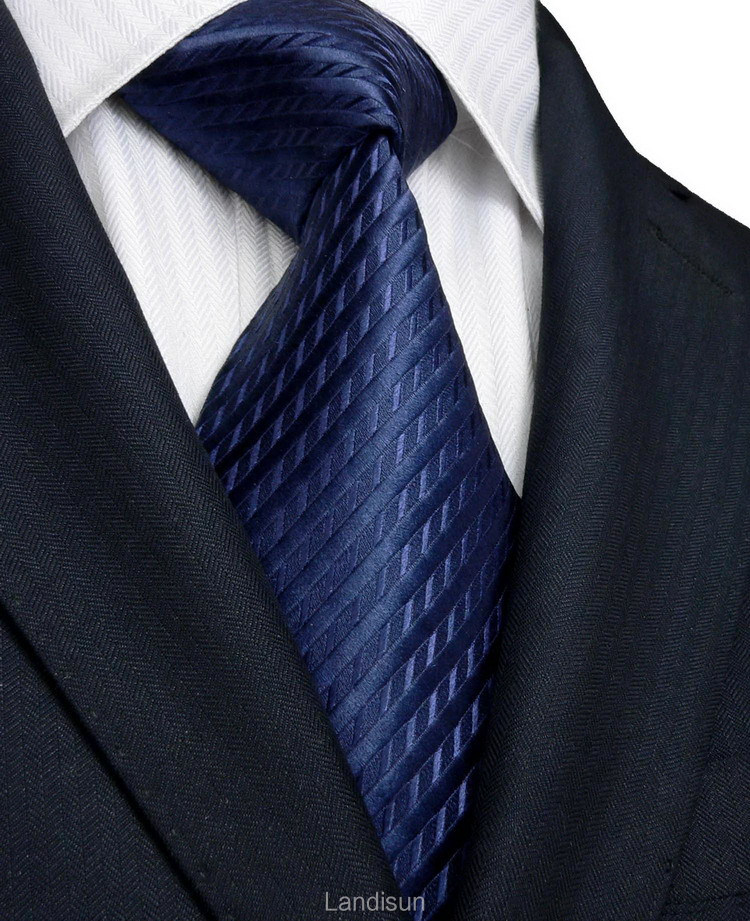 Landisun 206 Navy Blue Solids Mens Silk Tie Set: Tie Hanky Cufflinks