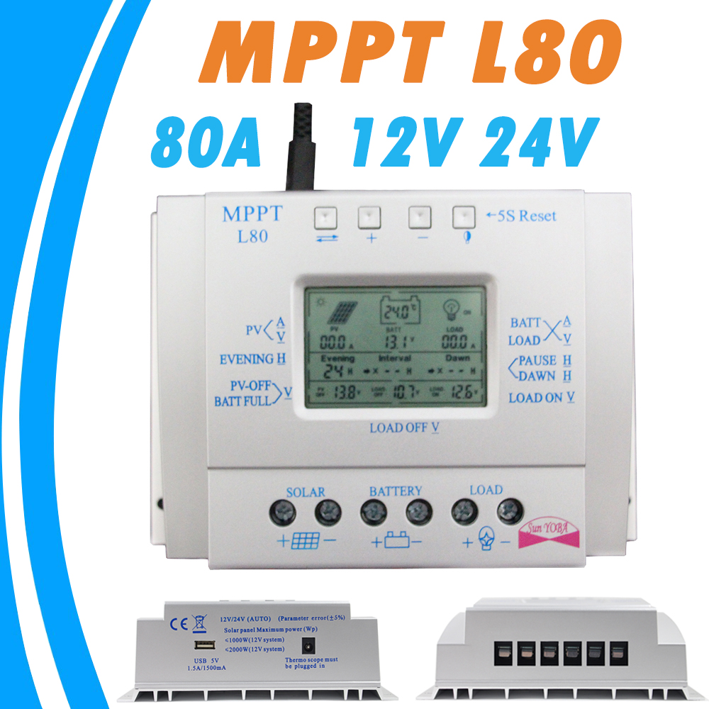 80A Solar Charger Controller USB 1.5A 5V Output 12V 24V LCD Solar Panel Regulator with Load Timer and Light Control for Lighting 80A Solar Charger Controller USB 1.5A 5V Output 12V 24V LCD Solar Panel Regulator with Load Timer and Light Control for Lighting