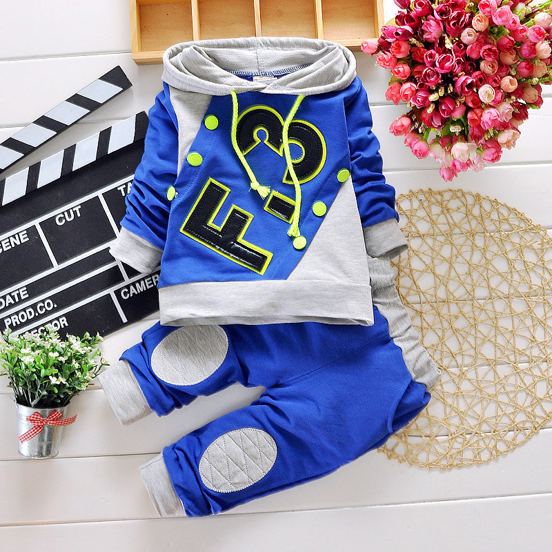 2015 Spring Fashion Letter Print Baby Boy Clothes Sport Children Clothing Set With Drawstring and Hood