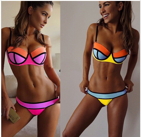 2015 new fashion bathing suits Sexy contract color Swimsuit Swimwear Women Push Up Fling Bikinis set