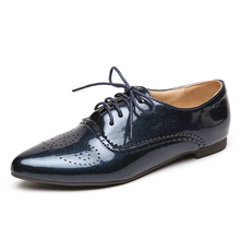 New arrive women white flat shoes lace up pointed toe black patent leather brogues women loafers british style lady oxford shoes