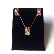 18K Gold Plated unique red chequer Luxury enamel Jewelry Sets Round Copper Ceramic Pendant Necklace Earrings for women TZ1951