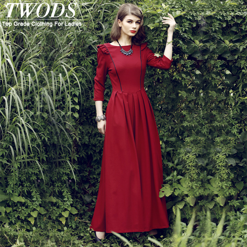 Twods Elegant 2015 New Autumn Women Maxi Dress Ruffles Shoulder 3/4 Sleeve Pleated Long Dresses Dubai Kaftan Red Vestidos