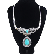 Vintage turquoise stone silver tibetan plated big water drop statement necklaces pendants nigerian african jewlery nke