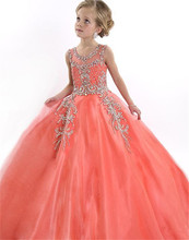 2016 Peach Special Occasion Flower Girl Dresses Cute Tulle Formal Long Beaded Pageant Gowns For Girls Floor Length
