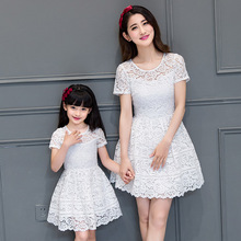 family matching clothes mom and daughter white lace dress short sleeve round collar white dresses for women 2016 girls clothing