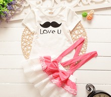 2015 New summer Baby Girls Strap Dress Clothing set Children cotton short sleeve party dresses T
