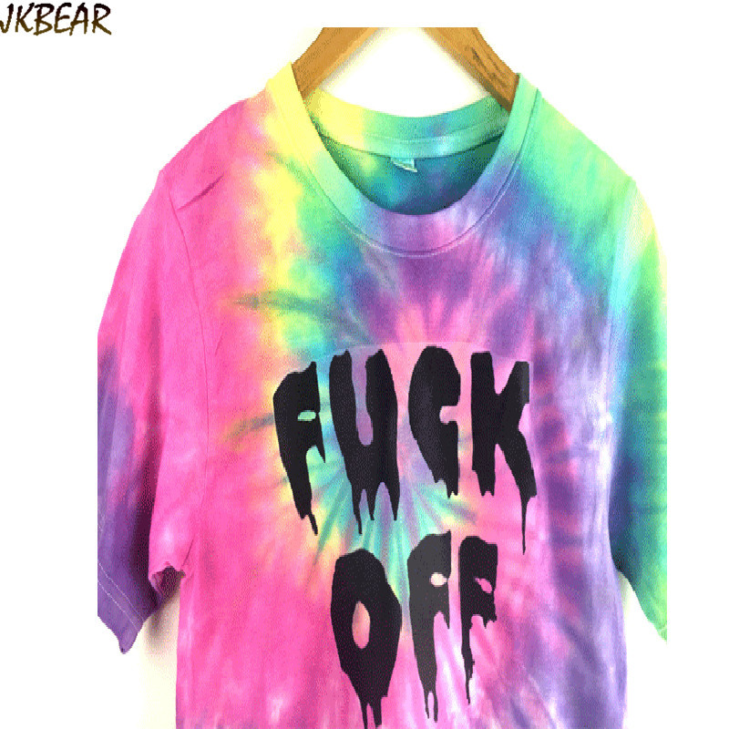 New-arriving Letter Print Fuck Off Tie Dye T Shirts for Women and Men Fashionable Rainbow Paisley Tie-dye Tee S-XL 3