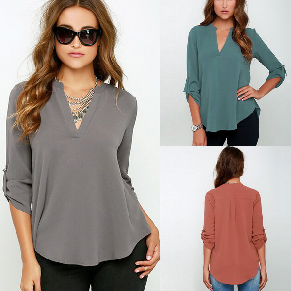 Zanzea 2018 Spring Women V Neck Chiffon Blouse Tops Fashion OL Style Fold Long Sleeve Casual Gray Blouses Plus Size Blusas Shirt aeProduct.getSubject()